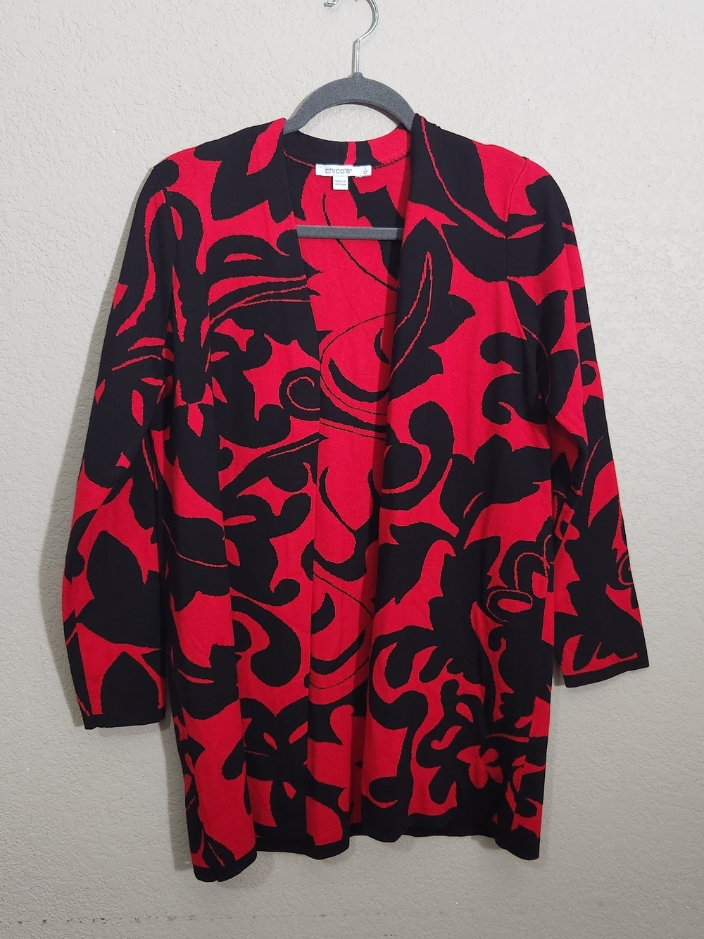Chico's Red and Black Open Cardigan